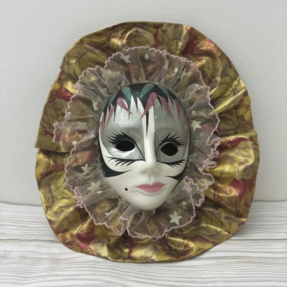 Vintage Ceramic Wall Mask With Floral Fabric & Lace Trim